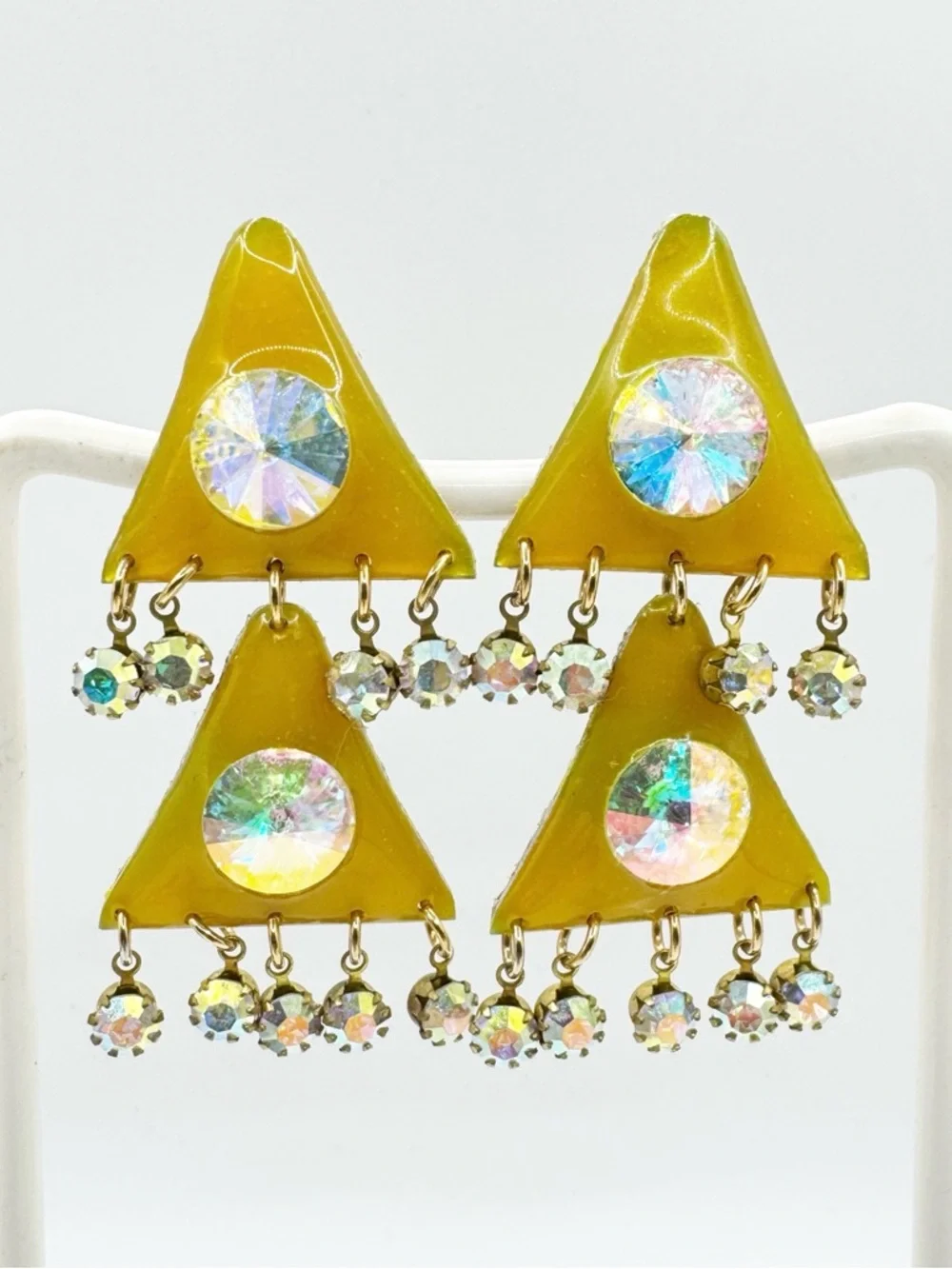 80s Vintage Yellow Resin Triangle‎ Drop Earrings with Holographic AB Crystals